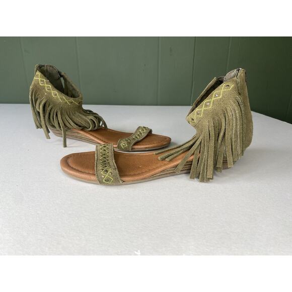 Minnetonka Womens Wedge Sandals Size 7 Green Suede Fringe Western Festival - Picture 9 of 12